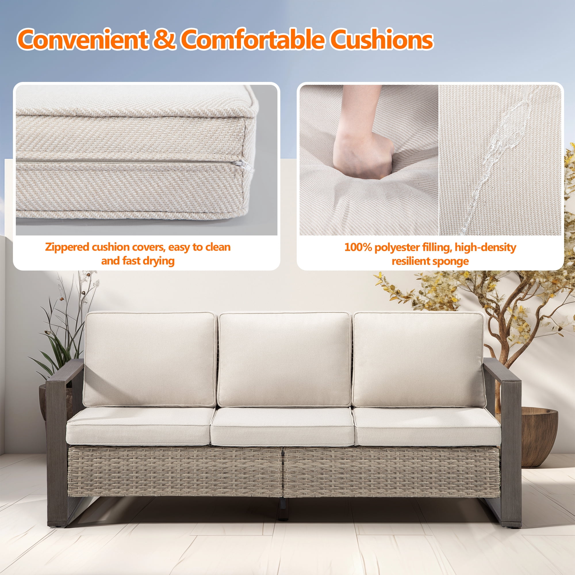 Meetleisure 3-Seat Patio Wicker Sofa with Removable Cushions, Beige