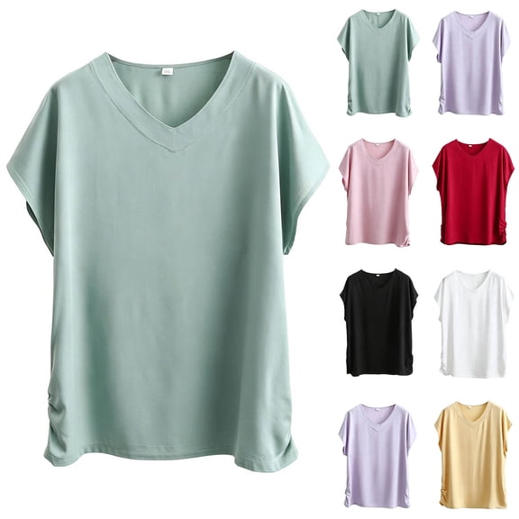 QSXADF Womens Pajama Tops Sleep Shirts For Women Solid Cotton Ruched V Neck Short Sleeve Loose Tee Women Summer Home Sleepwear Ladies Loungewear