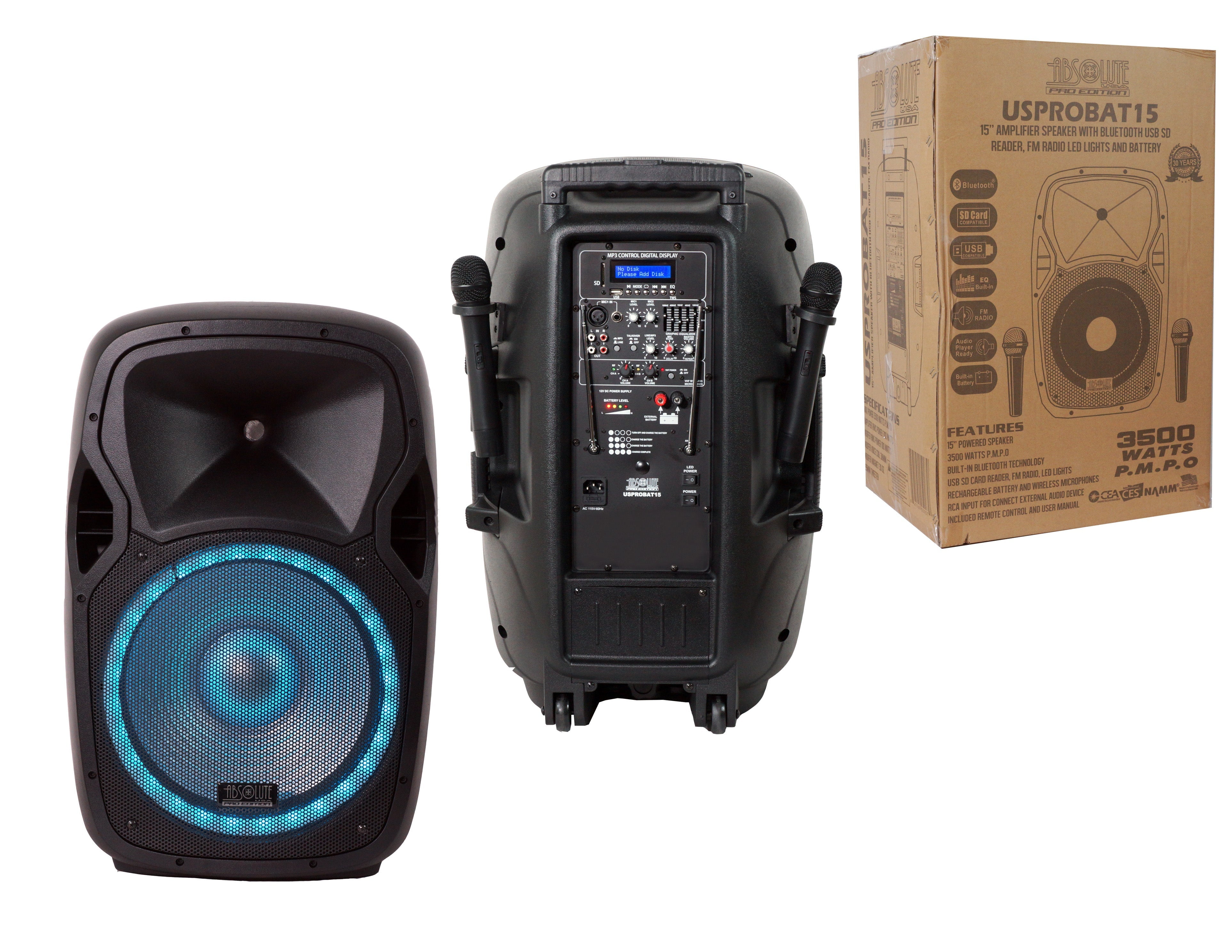 Absolute USPROBAT15 Portable 15" Speaker 3500W PA System Wireless Mic Bluetooth Rechargeable + Speaker Stand