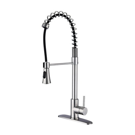 Izzovium Brushed Nickel Single Handle Commercial Modern Spring High Arc Kitchen Faucet with Pull-Out Spray Water Filter System 360 ° Rotation Stainless Steel 1 or 3 Hole Installation