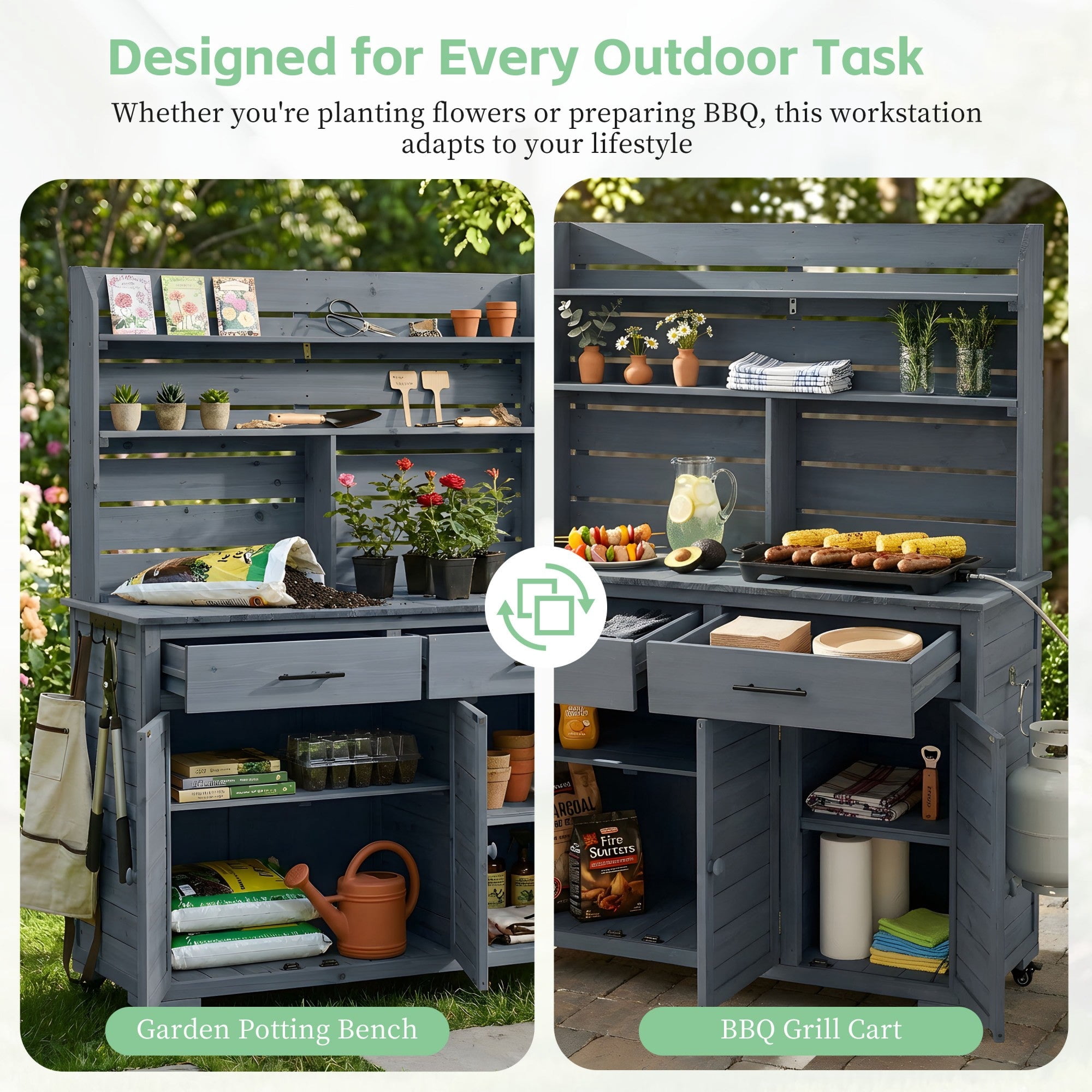 Sailvan 65''H Wood Patio Kitchen Island & Garden Potting Bench,Outdoor Grill Prep Cart with Storage Cabinet,Hutch Top and Wheels Gray