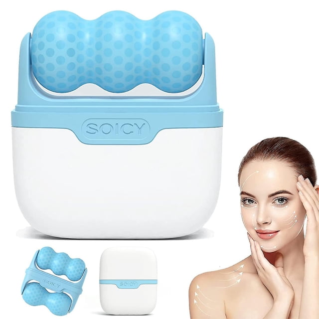 Rodillo de hielo para ojos, masajeador facial con 2 cabezales para aliviar la hinchazón, la migraña y el dolor, y para el cuidado de la piel.