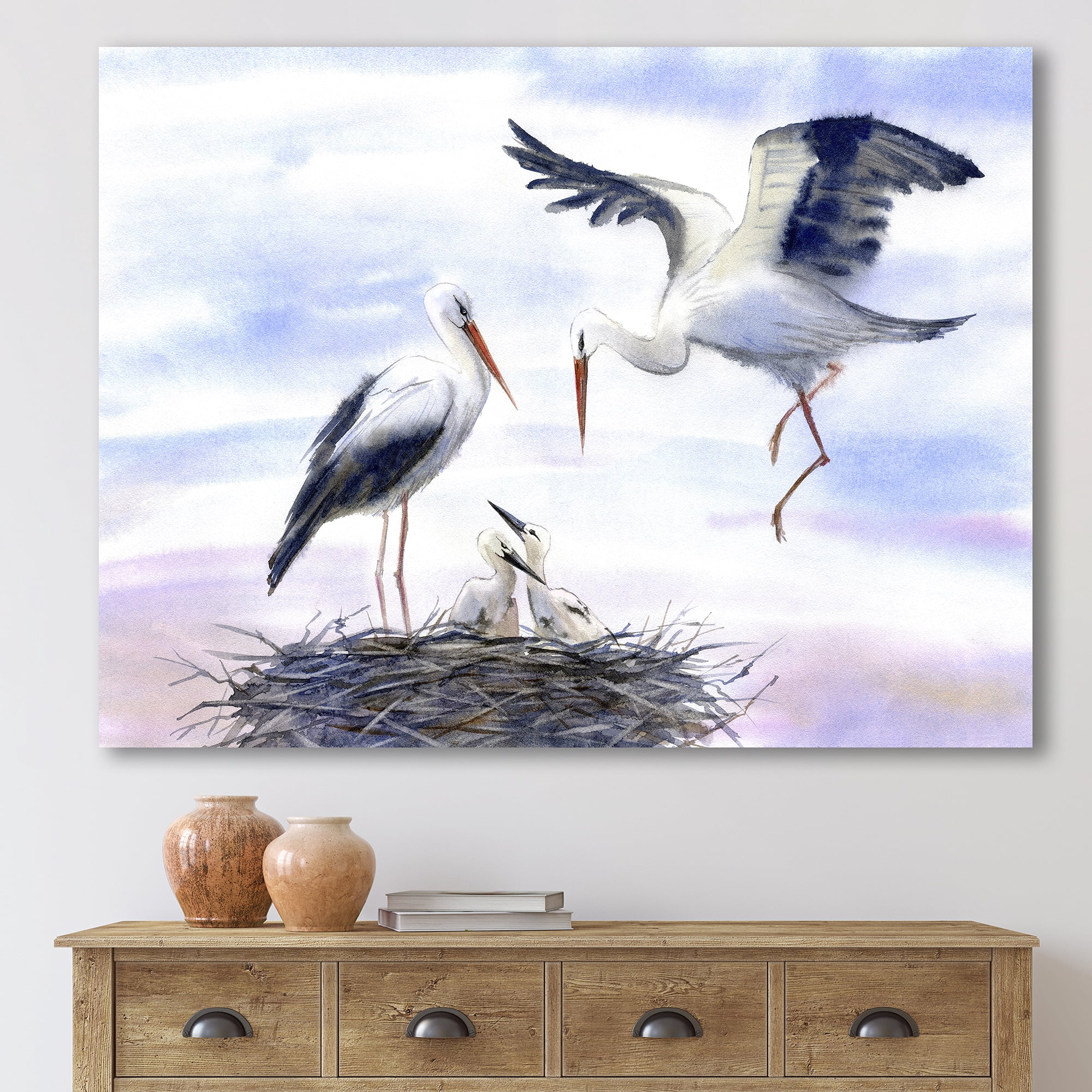 Designart ' Storks With Babies In The Nest ' Farmhouse Canvas Wall Art Print