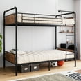 thumbnail image 3 of Twin Over Twin Bunk Bed with Solid Guardrail and Ladder for Kids/Teens/Adults, Black and Brown Convertible Metal Bunk Beds, Easy to Assembly, No Box Spring Needed, 3 of 7