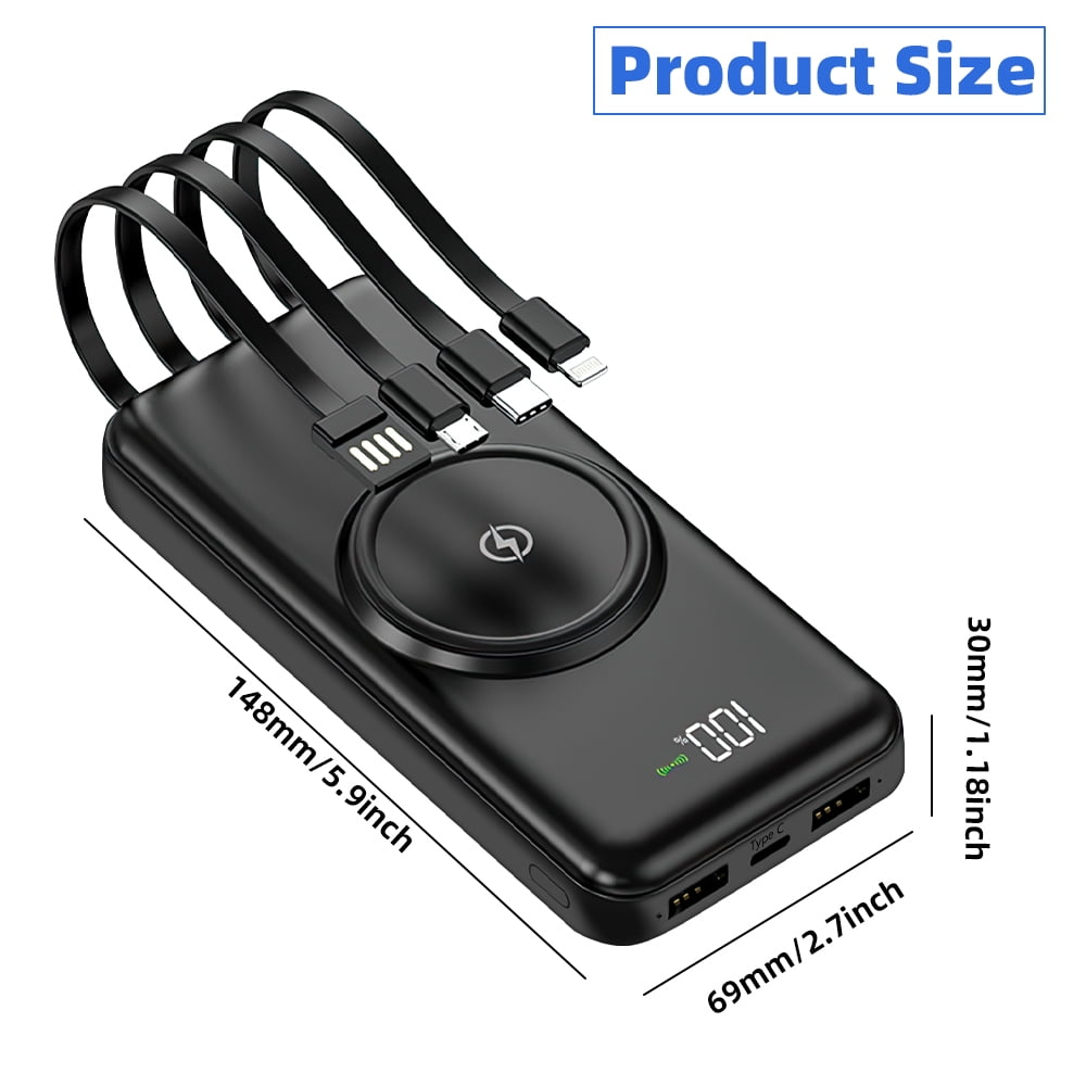 Portable Charger with Built in Cables, 10000mAh Slim USB C Power Bank,4 Output 2 Input LED Display External Battery Pack Phone Charger Compatible with iPhone,Samsung,Android