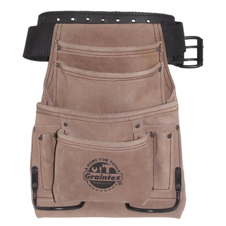 UPC: 0819972022701 | GRAINTEX 10 Pocket Nail & Tool Pouch Beige Color Suede Leather with 2 Leather/Webbing Belt for Constructors  Electricians  Plumbers  Handymen