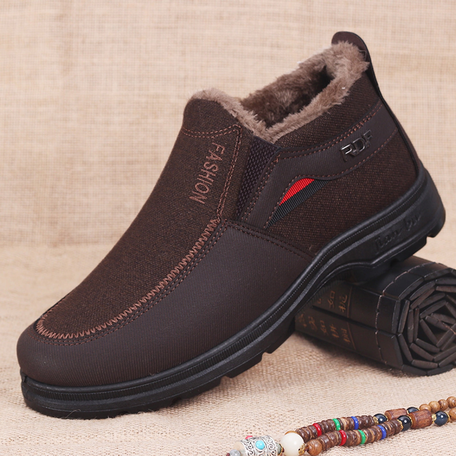 Chenyee Men's Winter Slip On Warm Ankle Boots Outdoor Non Slip Furry Lined Comfortable Hiking Walking Shoes
