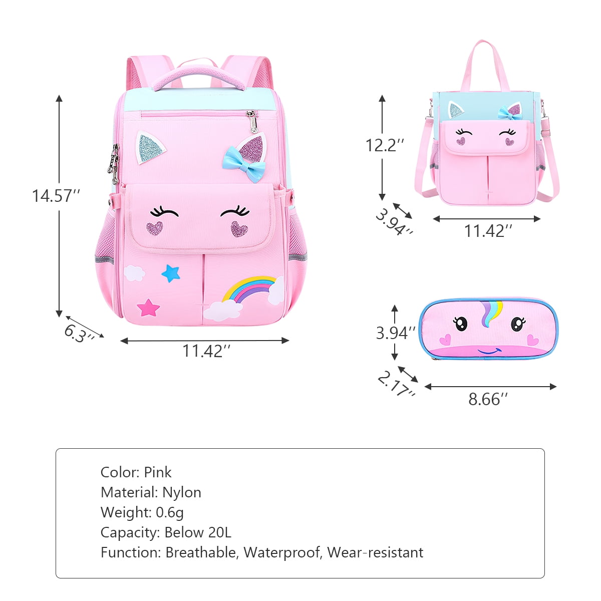 Kadyn 14.57" Girls Backpack, Elementary Bookbag with Lunch Bag and Pencil Bag, Unicorn Kids Backpack for Children, Pink Kadyn 14.57" Girls Backpack, Elementary Bookbag with Lunch Bag and Pencil Bag, Unicorn Kids Backpack for Children, Pink