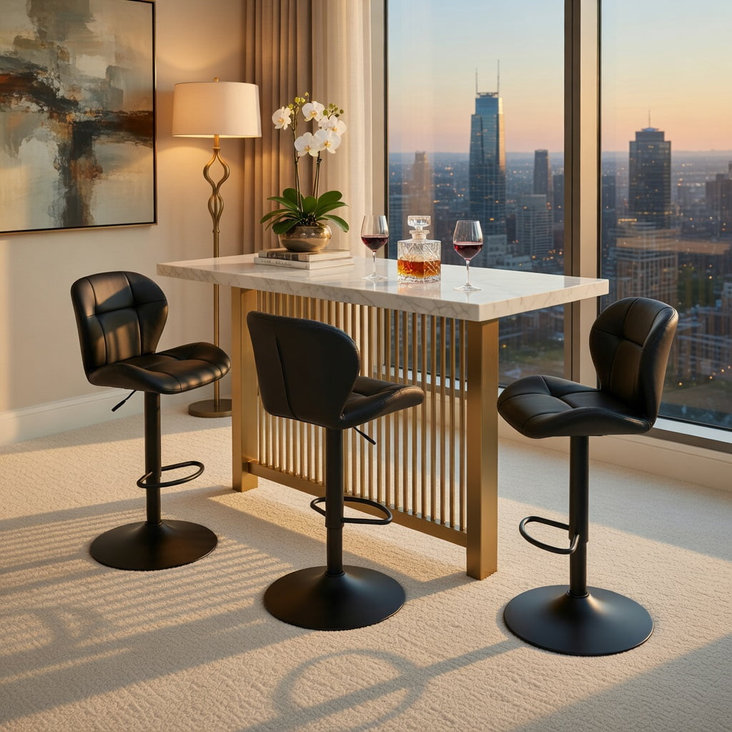 Hommoo 2-Pack Height-Adjustable Bar Stools with Tufted PU Upholstery, Metal Frame & Footrest, Ideal for Kitchen Islands, Home Bars & Pubs, Black