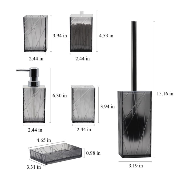 6 PCS Grey Bathroom Accessories Sets Complete with Soap Dispenser, Toothbrush Holder & Cup, Soap Dish, Toilet Brush & Holder, Qtip Holder