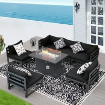 RADIATA 7 Pieces Aluminum Outdoor Patio Sectional Furniture Sofa Set with Fire Pit Table Large Size Luxury Comfortable Durable Water/UV-Resistant for Garden Porch Backyard Party (Black Cushion)