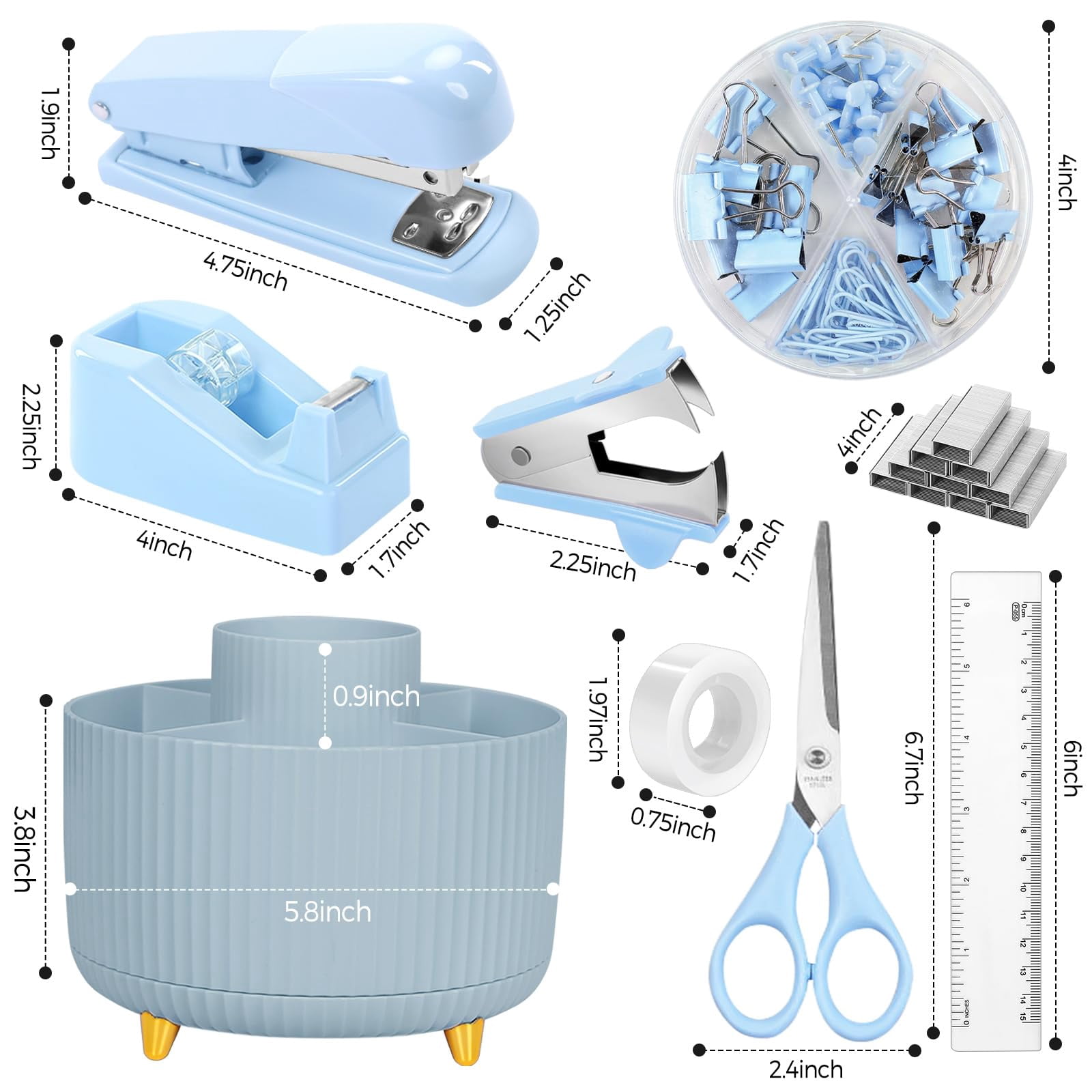 Desk Organizers And Accessories 10pcs  360-degree Rotating Pen Holder Stapler Staple Remover Tape Dispenser 2pcs Refills Binder Paper Clips Kit Scissor (blue)