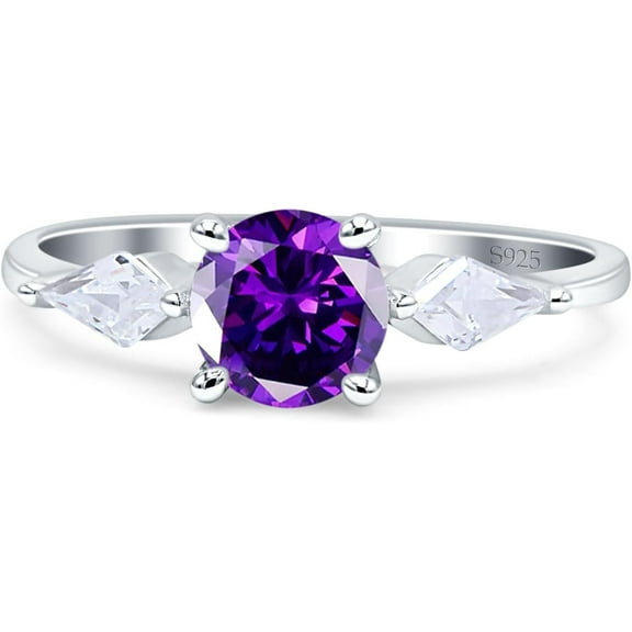 Three Stone Ring Kite Shape Amethyst Cubic Zirconia White Tone 925 Sterling Silver, Size 5
