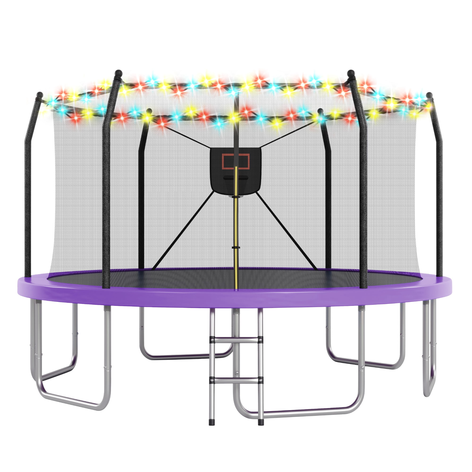 Arspjes 14FT Trampoline with Basketball Hoop and Lights, Outdoor Recreational Trampoine for Kids and Adults,Purple