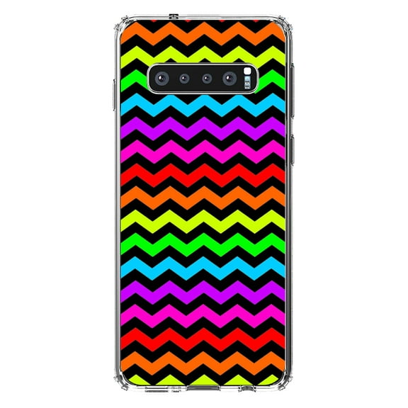 DistinctInk Clear Shockproof Hybrid Case for Samsung Galaxy S10 (6.1" Screen) - TPU Bumper, Acrylic Back, Tempered Glass Screen Protector - Rainbow Black Stripes Wave - Stripes Pattern