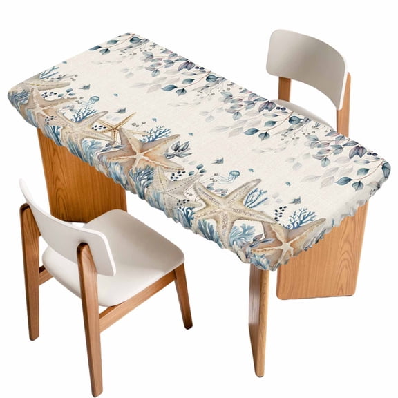 Blue Beige Coastal Table Cloths for 5 Foot Rectangle Tables, Beach Starfish Summer Eucalyptus Rustic Patio Waterproof Elastic Fitted Tablecloths, Washable Rectangular Table Cover for Camping