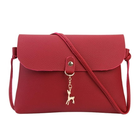 

Yucurem Simple Pure Color PU Shoulder Handbags Deer Pendant Flap Crossbody Bags for Women (Red)
