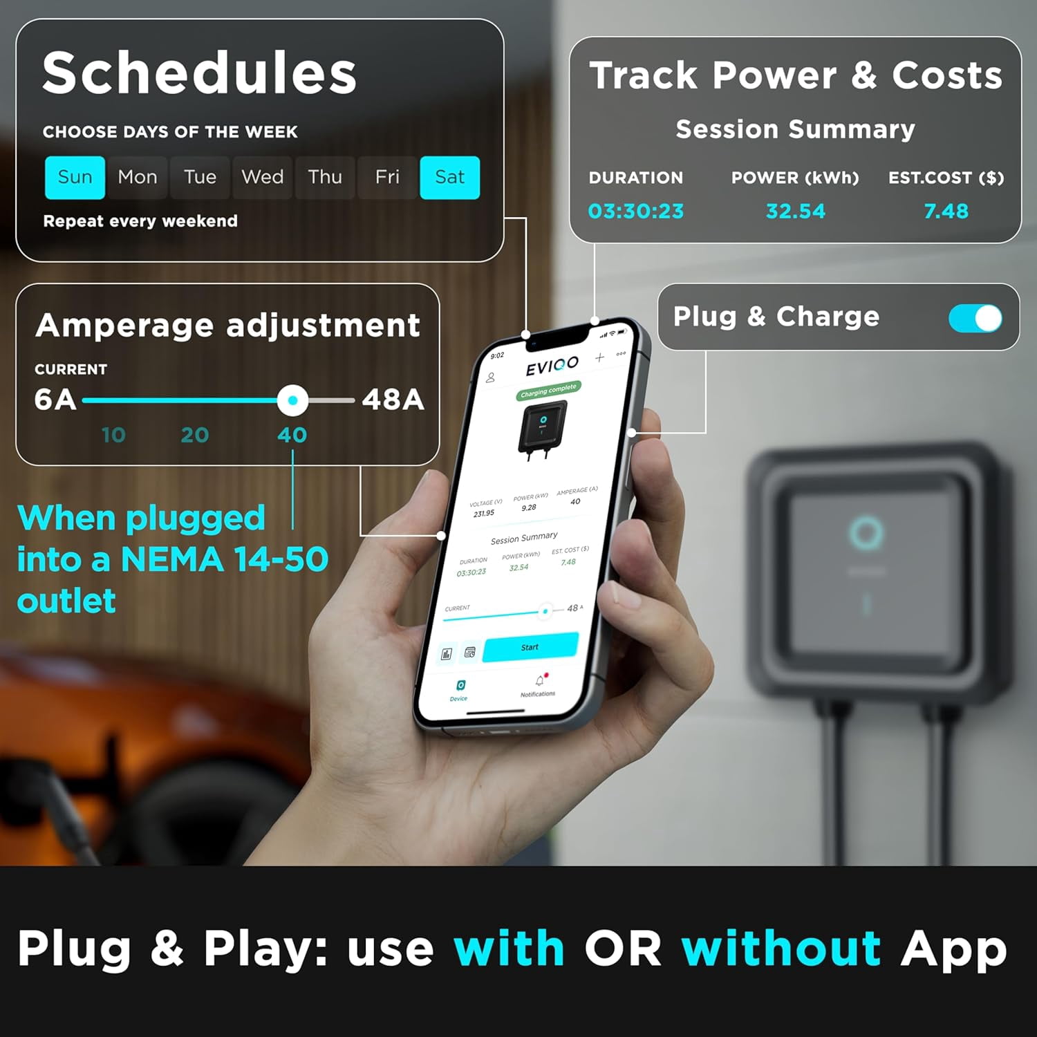 EVIQO Level 2 EV Charger - 48 Amp, NEMA 14-50, 240V J1772, 25' Cord, Certified