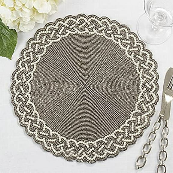 Fennco Styles Elegant Hand Beaded Design Placemat 14" Round, 1-Piece – Pewter Table Mat for Banquets, Family Gathering, Special Events and Home Décor