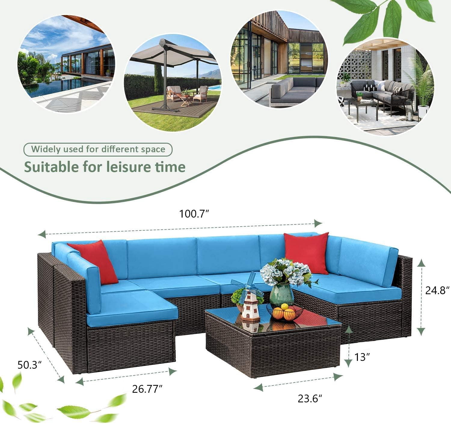 Devoko 7 Pieces Outdoor Sectional Sofa Patio Furniture Sets Manual Weaving Wicker Rattan Patio with Cushion and Glass Table, Blue