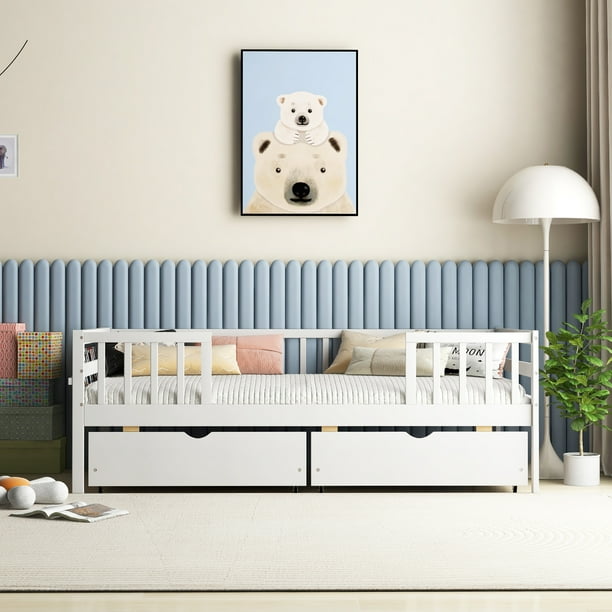 Gymax Twin Size Kids Bed w/ Storage Pull-out Drawers Side Shelf
