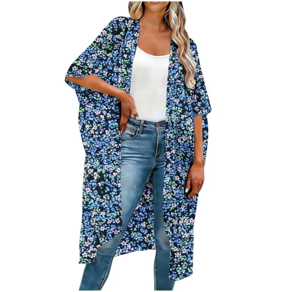 Karight Womens Floral Print Kimono Cardigan Long Open Front Flowy Boho Beach Cover Up Duster