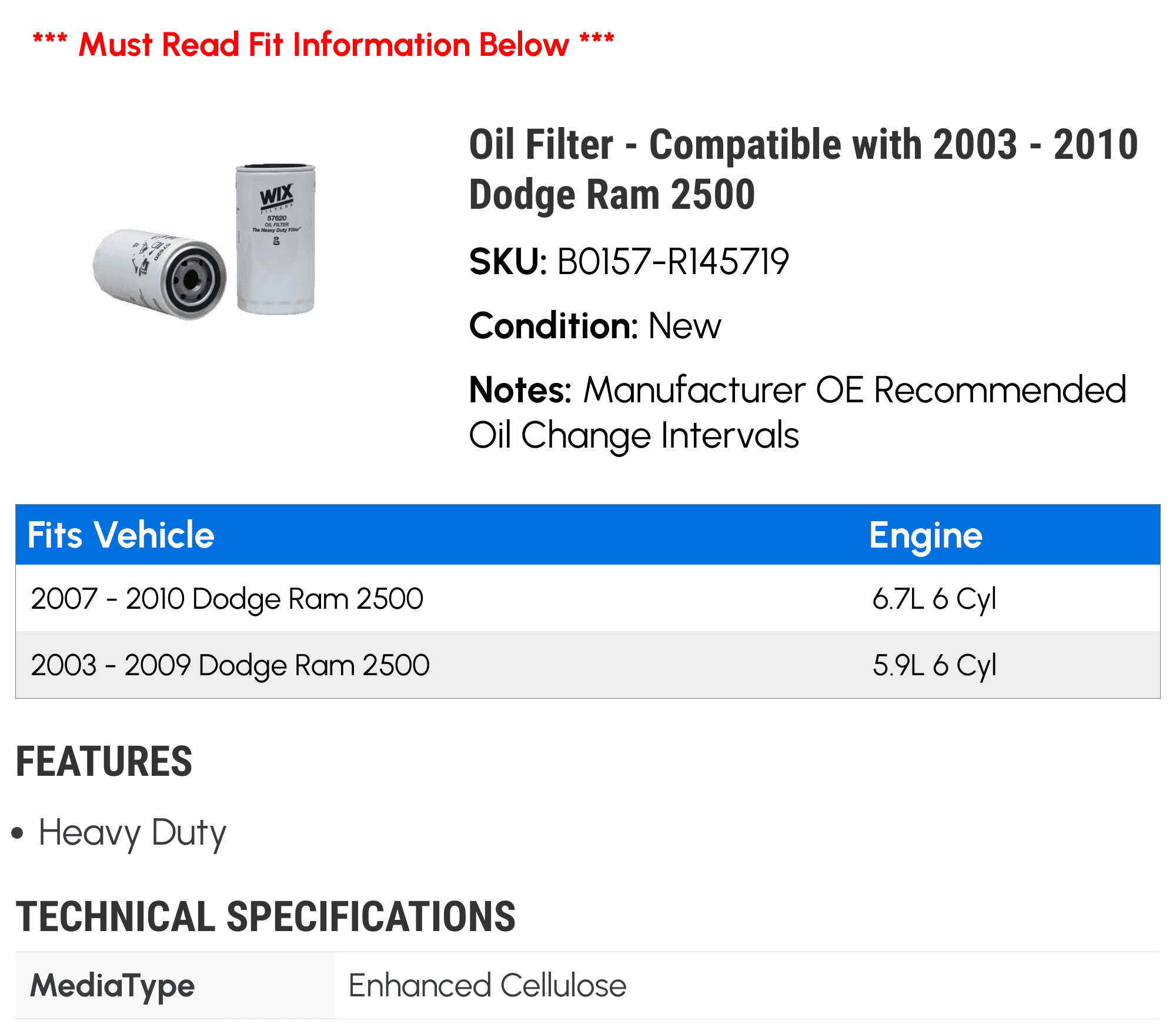 Oil Filter - Compatible with 2003 - 2010 Dodge Ram 2500 2004 2005 2006 2007 2008 2009