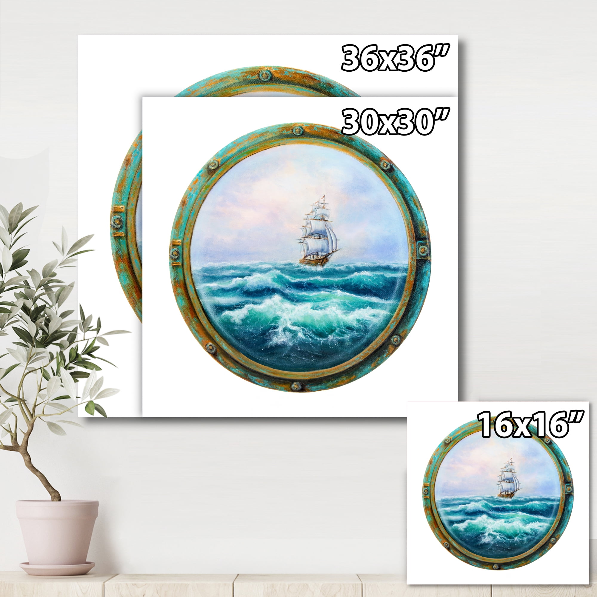 Designart ' Ship In Stormy Ocean Through Cabin Window ' Nautical & Coastal Canvas Wall Art Print