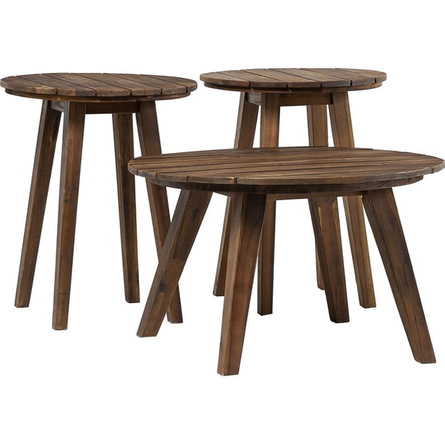 3-Piece Solid Acacia Wood Round Coffee Table and End Tables in Dark Brown
