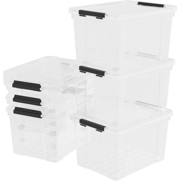 24 Quart Clear Latching Bin with Lids, Stackable Plastic Storage Box with Wheels, 6 Packs