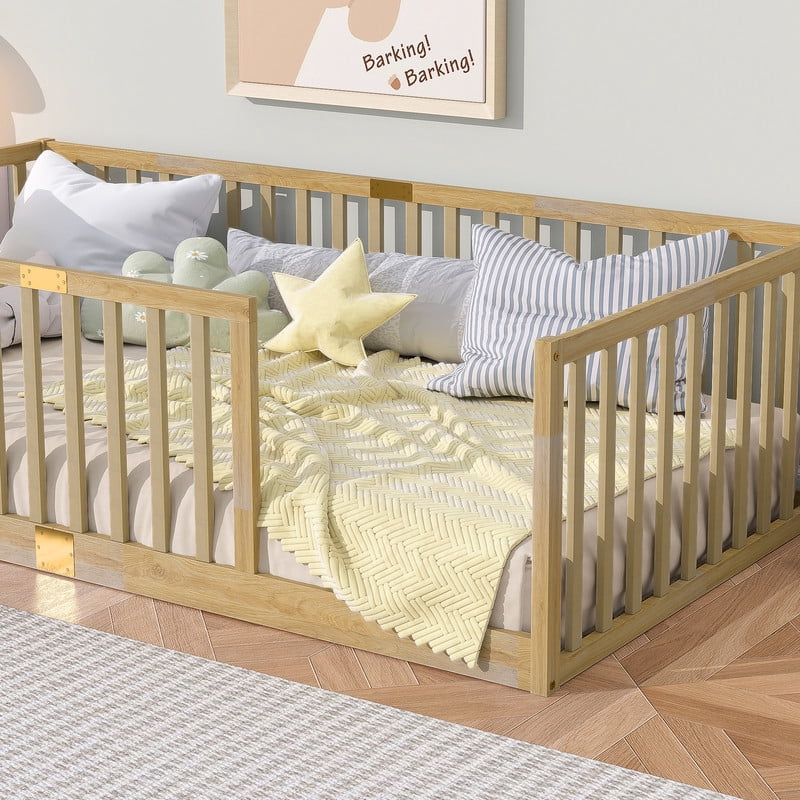 Mirightone Twin Size Wood Montessori Floor Beds with High Fence Railings, Twin Floor Bed with Slats, Twin Playhouse Bed Frame, (Natural&nbsp;)