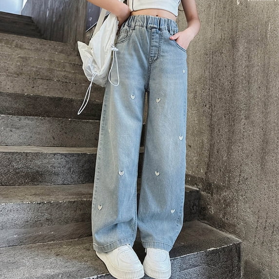 TOWED22 Girl's Bow Baggy Jeans Pants Wide Leg Elastic Waist Straight Leg Denim Jeans Pants Joggers Light Blue,5-6 Y