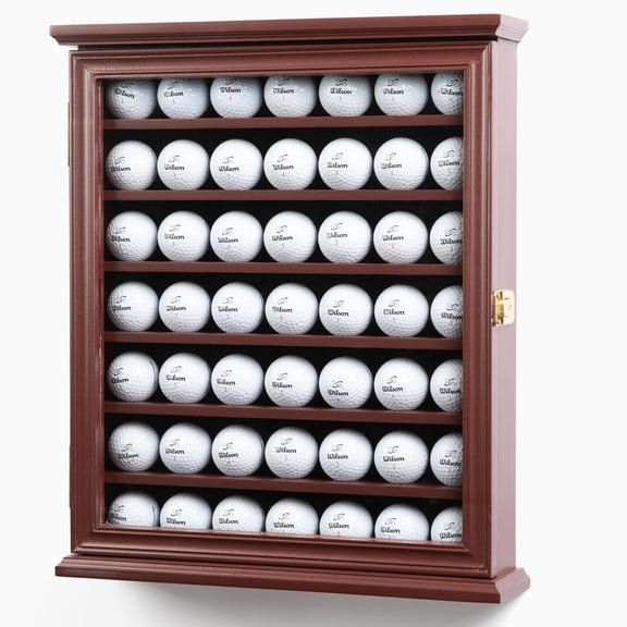 LInyy Solid Wood Golf Ball Display Case Cabinet Wall Rack Holder UV Protection Lockable (Cherry, 49 Golf Ball)