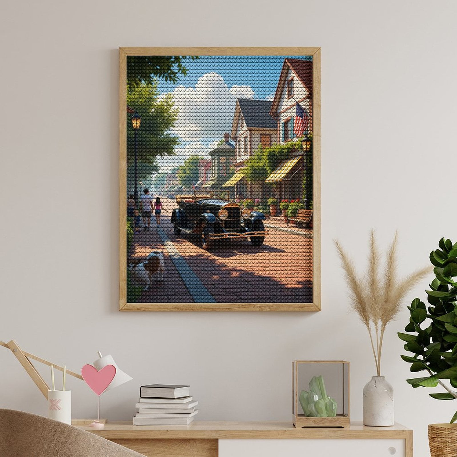 Diamond Art Kits for Adults, Vintage Car Small Town Street Scene 5D Diamond Painting Kits for Adults Beginners, DIY Full Drill Diamond Painting, Gem Art and Crafts 12x16