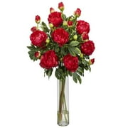 Nearly Natural Peony with Cylinder Silk Flower Arrangement, Red