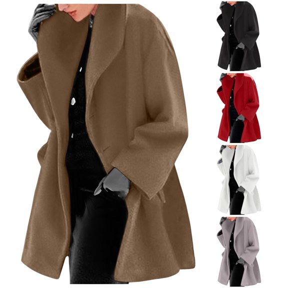Unir Women Wide Lapel Open Front Wool Blend Mid Length Coat Reinforced Stitching Long Sleeve Loose Warm Winter Casual Outer Coat With Pockets 1pc S-XXL True To Size