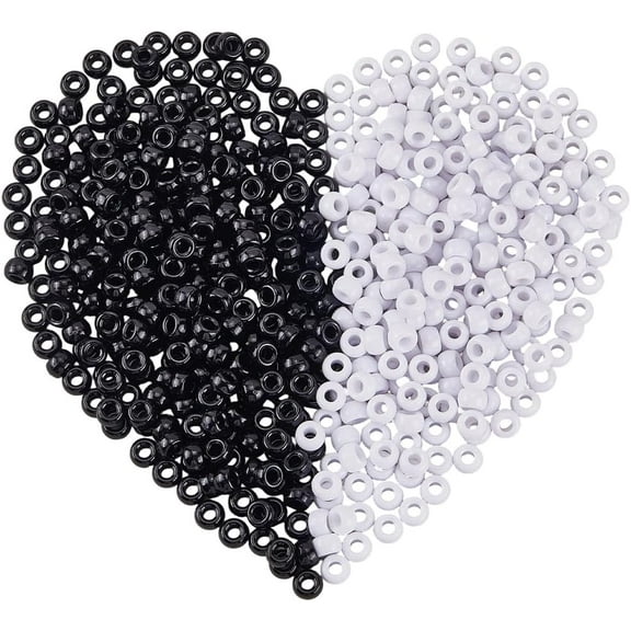 1000Pcs 2 Colors White Black Pony Beads Barrel Spacer Beads Small 9 x 6mm Opaque Plastic Large Hole Smooth Loose Spacers Findings for Jewelry Making Bracelets Necklaces DIY Crafting Decor