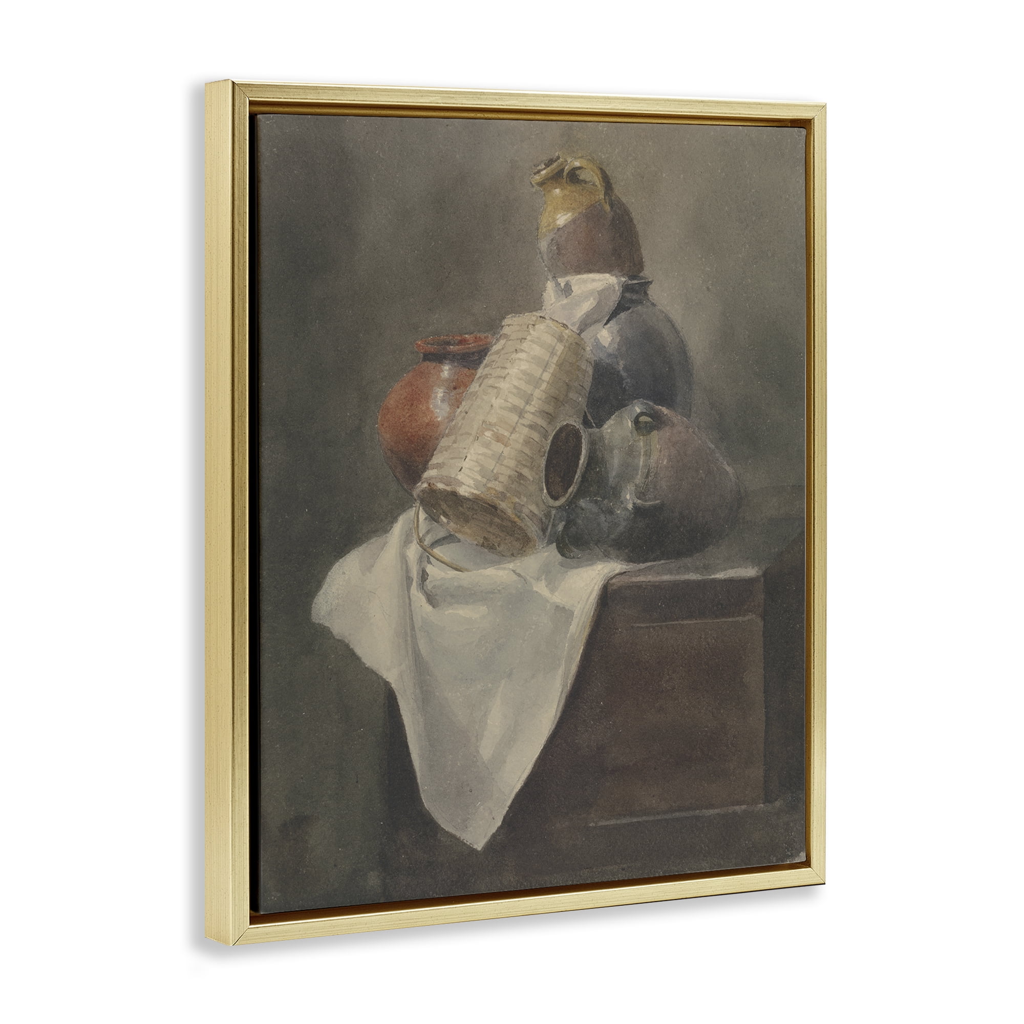 Stupell Industries Muted Vases Still Life History & Language Painting Gold Floater Framed Canvas Art Print Wall Art, 17 x 21