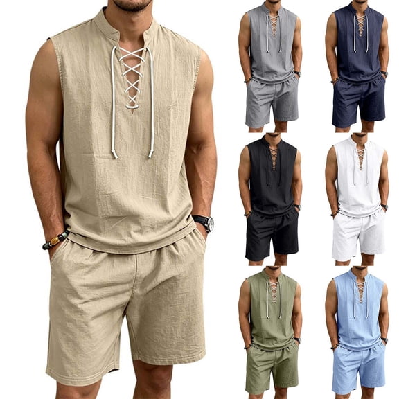 BVOFAR Mens 2 Piece Outfits Summer Casual Short Sets Comfy Lace Up Hippie Tank Tops and Drawstring Shorts Renaissance Medieval Tunic Beach Vacation 2 Piece Sets Army Green S