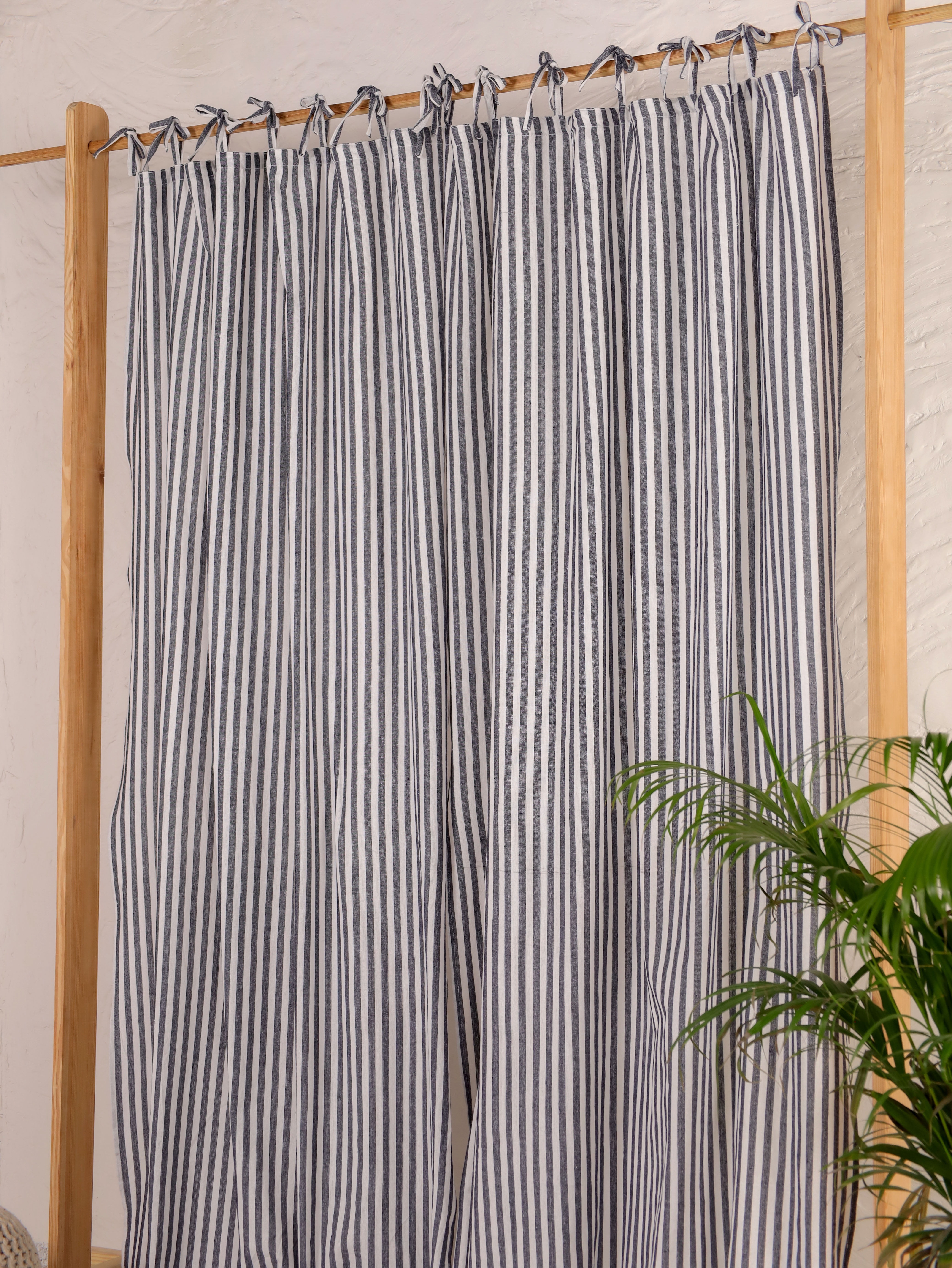 The Art Box Tie Top Linen Curtains Striped Black Textured Curtains Living Room Bedroom Drapes Linen Farmhouse Curtains Pack of 2, 52"W x 36L" in