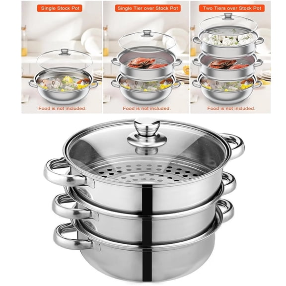 11 inch Steamer Pot for Cooking, Stainless Steel Food Steamer Basket 3 Tier Vegetable Steamer Pot, Kitchen Steamer Cooker with Lid and Handle,for Vegetable, Dumpling, Stock, Sauce, Food