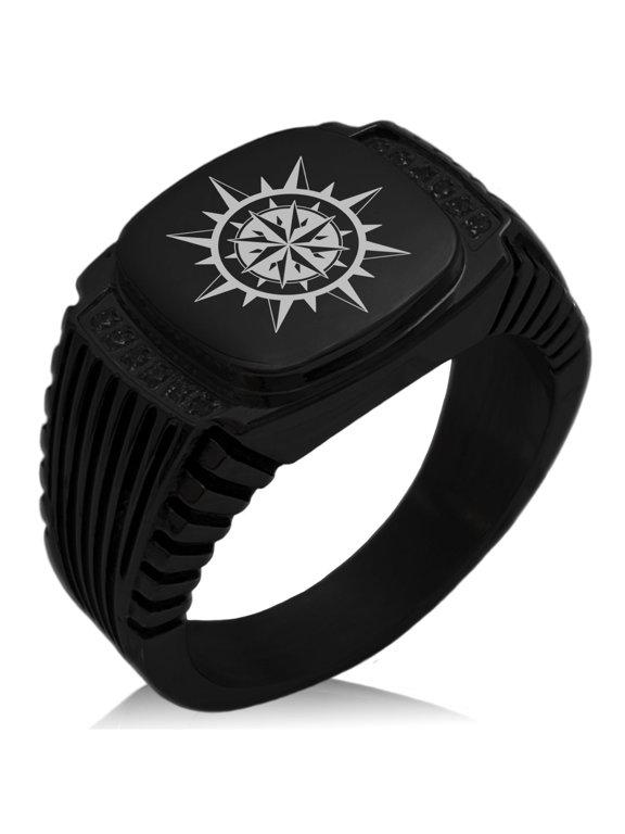 Stainless Steel Nautical Concentric Compass CZ Ribbed Needle Stripe Pattern Biker Style Polished Ring