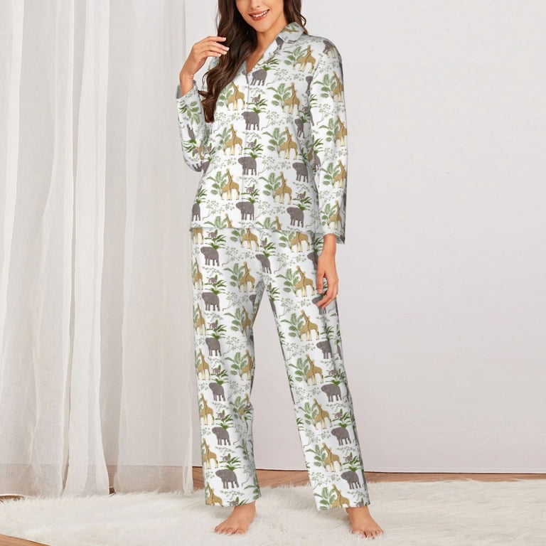 Juakoso Women's Tiger Print Pajama Set - Floral Animal Long Sleeve Button-Down Top & Lounge Pants