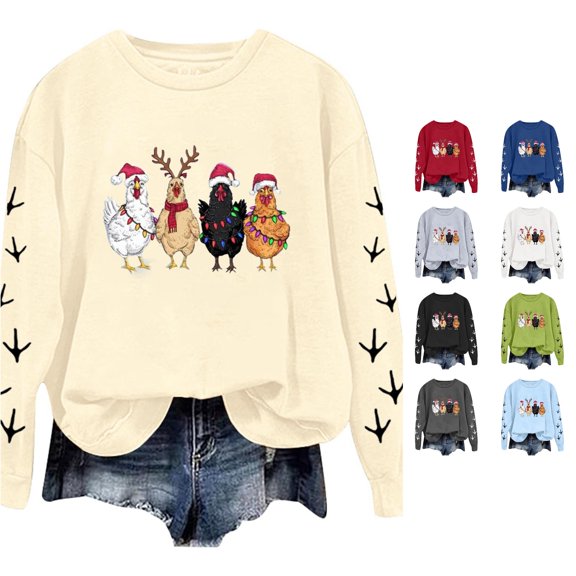 Trendfront Womens Christmas Chickens Graphic Sweatshirt Crewneck Long Sleeve Festive Farm Animal Design And Sleeve Footprints Loose Fit Casual Pullover Tops