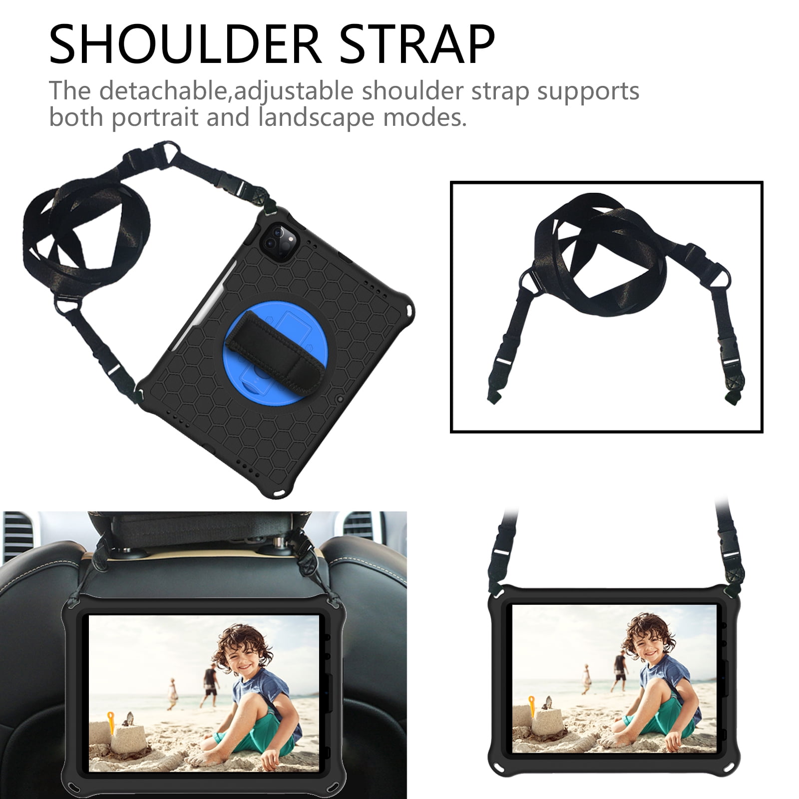 Allytech iPad Air 4th Gen Case, iPad Pro 11 2021 Case, iPad Pro 11 Case 2020/2018, Drop Protection Shockproof Shoulder Strap Pencil Holder Kickstand Case Cover for Apple iPad Air 4 10.9,Black/Blue