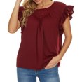 thumbnail image 1 of Mujer Top Volantes Manga Corta Cuello Redondo Color Puro Casual Señora Jersey Blusa para Citas Trabajo Diario Vino Rojo S, 1 of 6
