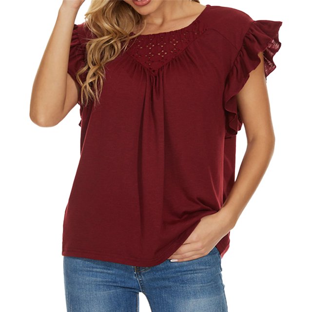 Mujer Top Volantes Manga Corta Cuello Redondo Color Puro Casual Señora Jersey Blusa para Citas Trabajo Diario Vino Rojo S