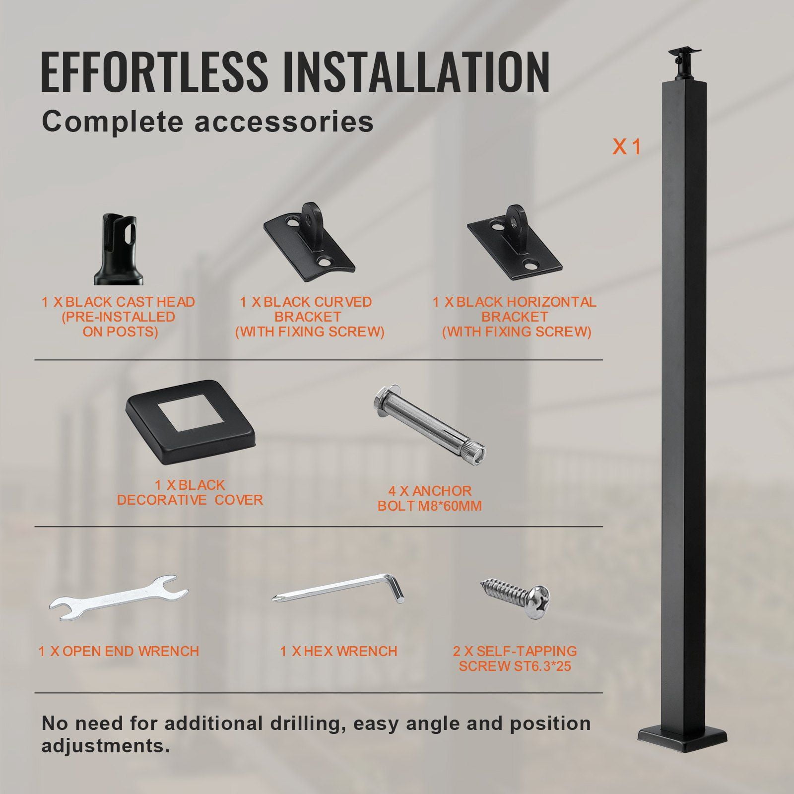 42" Holeless Cable Railing Post, SUS304 Stainless Steel, Weld-Free, Brackets & Connectors, for Deck Stairs Balcony Railing