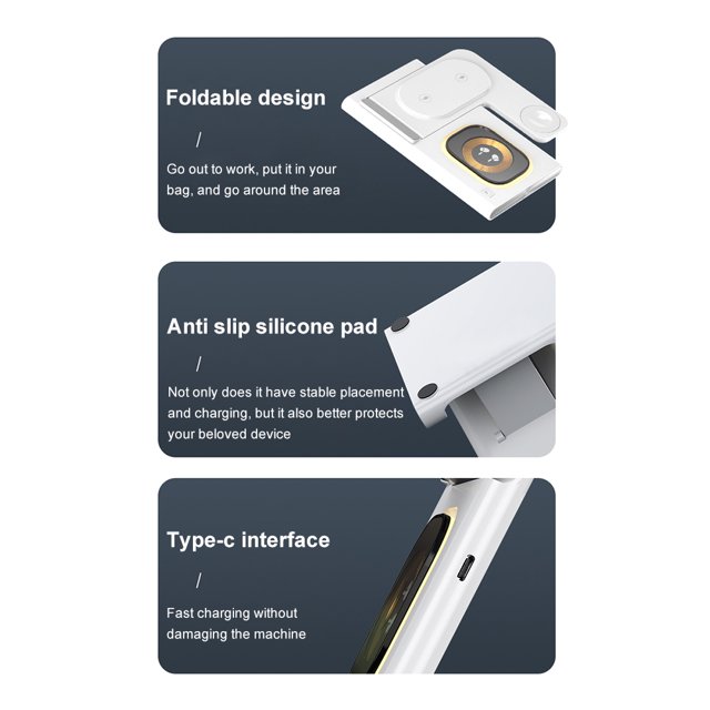 Cargador inalámbrico 3 en 1 para iPhone Apple Watch Audífonos Carga rápida (Blanco)