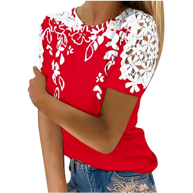 Camisas de Manga Corta para las Mujeres Impresión Cuello Redondo Suéter Encaje Camisa, Blusa de Verano Casual para las Mujeres